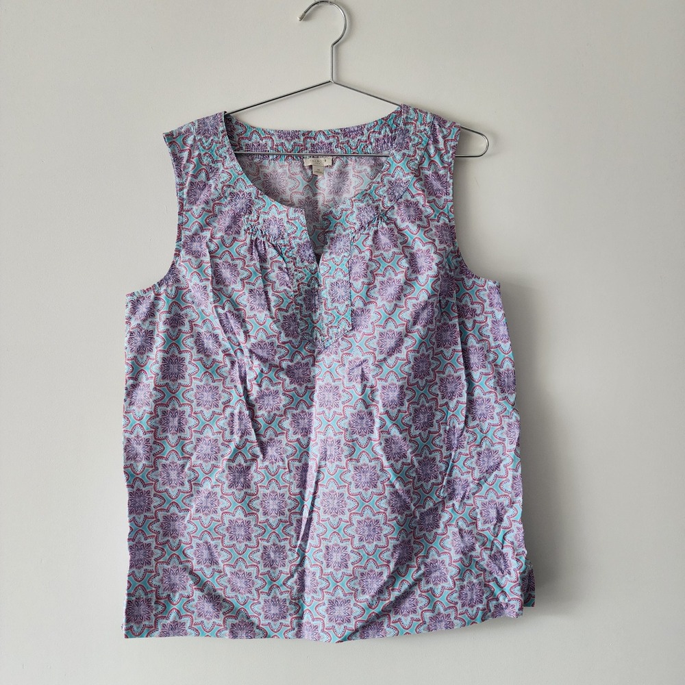 Talbots Sleeveless Blouse Women M Blue Red Medallion Shell Cotton Casual Preppy